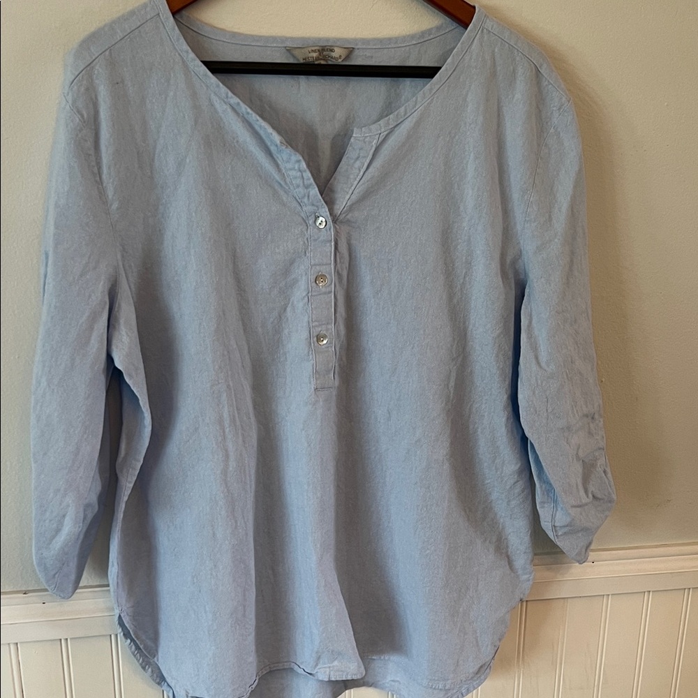 Hester & Orchard linen blend Blue Women's Top cotton roll up sleeve
